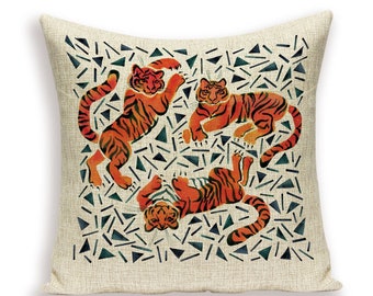 Sequin Pillow Case 18x18 Tiger in tropical jungle design by Maru Cat Kitty Feline Animal lovers Tiger print Animals print
