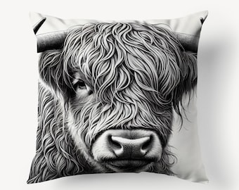 May include: Black and white illustration of a Highland cow's face. The cow has long, shaggy hair and a large, furry nose.