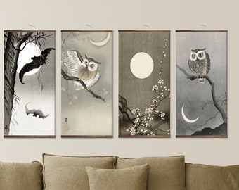 Japanese Wall Scroll Art, Ohara Koson Paintings,  Woodblock Print Night, Owl, Moon Art Wall Decor, Canvas Poster Ready to Hang
