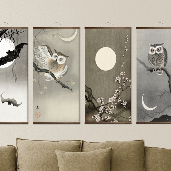 Japanese Wall Scroll Art, Ohara Koson Paintings,  Woodblock Print Night, Owl, Moon Art Wall Decor, Canvas Poster Ready to Hang