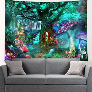 Fantasy Mushroom Tapestry Fairy Tale Forest Magic Tree Wall Decor Wall Art Aesthetic Wall Hanging Tapestries for Bedroom Living Room Dorm