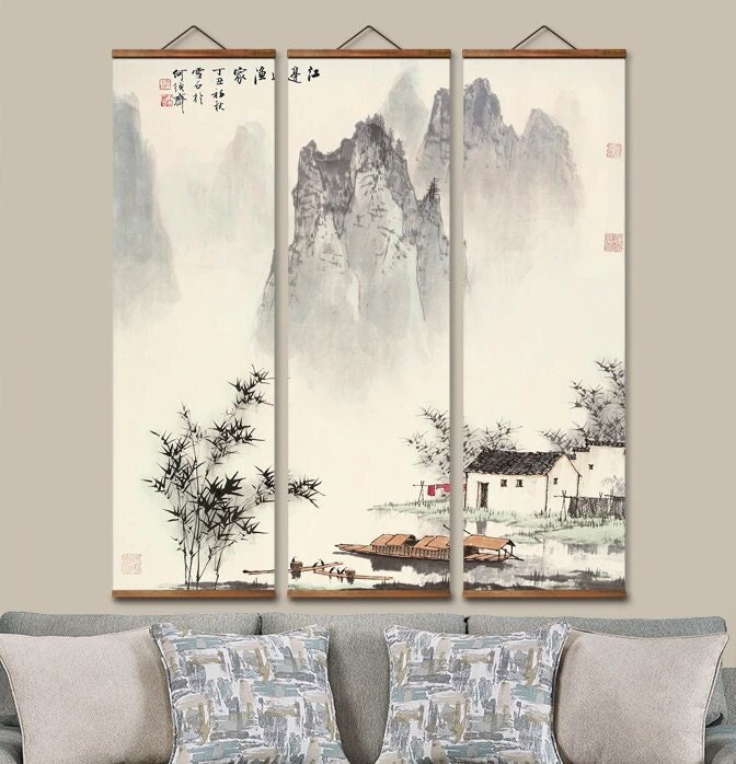 Japanese Wall Art Scroll Painting Set of 3, Kakemono Asian Scroll Art Nature Landscape Mountains, Lake Wall Decor Scrolls Oriental Hanging