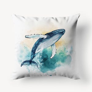 Humpback Whale Throw Pillow Cover - Cotton Linen Decorative Pillowcase - Watercolor Ocean Cushion Cover for Nautical or Coastal Home Decor