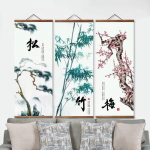Japanese Art, Wall Decor Asian Scroll Painting Plum Blossom, Bamboo, Pine Tree,  Kakejiku Decorative Oriental Wall Scrols Ready to Hang