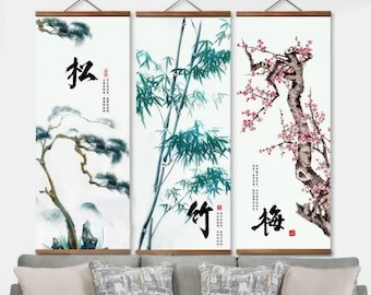 Japanische Kunst, Wanddekor Asiatisches Rollbild Pflaumenblüte, Bambus, Kiefer, Kakejiku Dekorative Orientalische Wandbilder, fertig zum Aufhängen