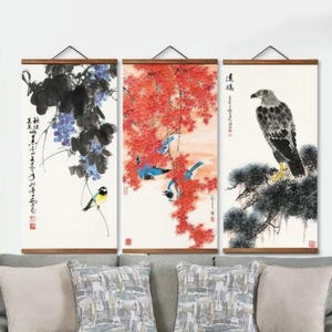 Asian Scroll Wall Art, Birds Eagle Traditional Oriental Ink Painting Wall Decor, Wall Scroll Home Wall Decor Set of 3 Ready to Hang Painting