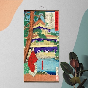 Japanese Wall Scroll, Kinkaku-ji Art Canvas Art Print of Ashikaga Yoshimitsu Admiring Golden Pavilion - Tsukioka Yoshitoshi&#39;s Painting