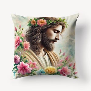 Elegant Cotton Linen Jesus Throw Pillow Cover - Floral Christian Art Pillowcase - Spiritual Home Decor Cushion Cover - Religious Gift Idea