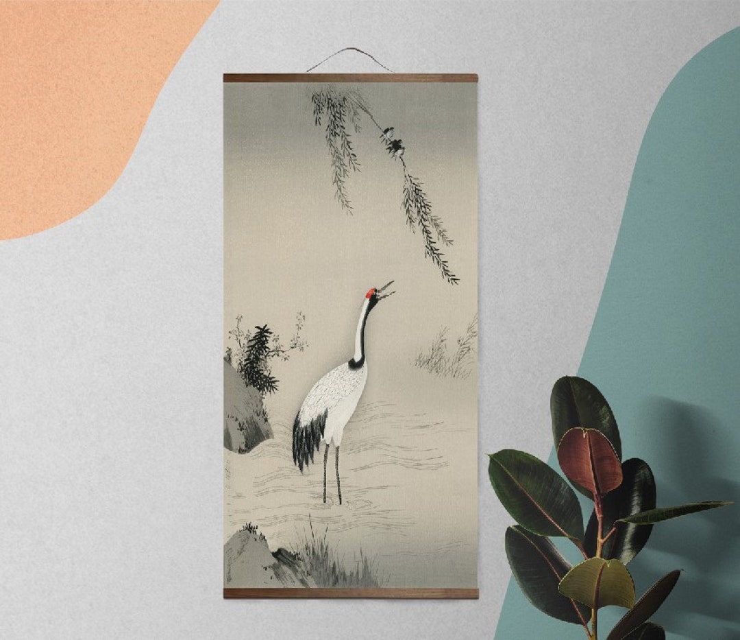 Crane Wall Scroll, A Traditional Painting of a Japanese Crane Kano