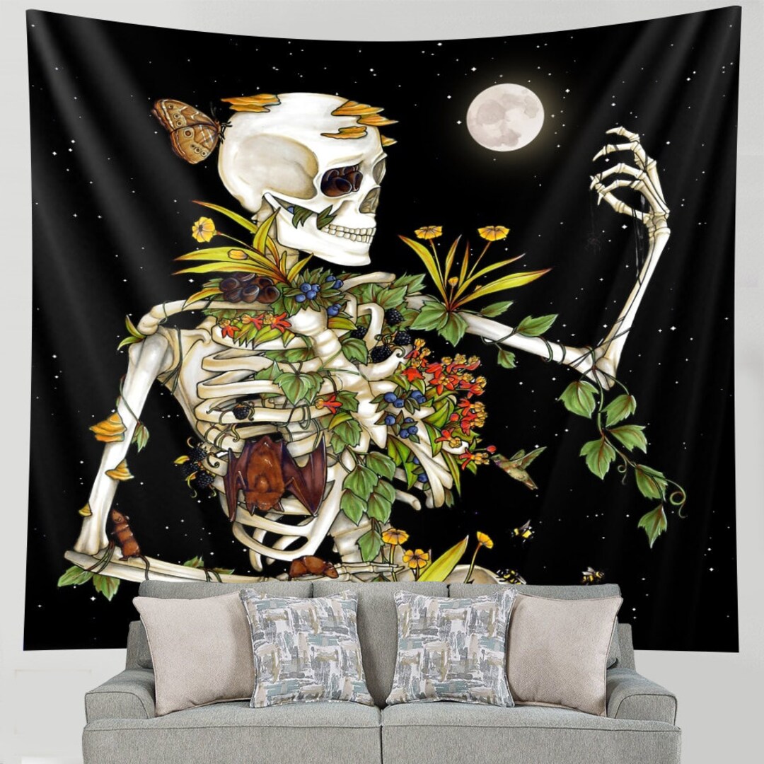 Mushroom Skull Gothic Tapestry Skeleton Floral Plant Flower