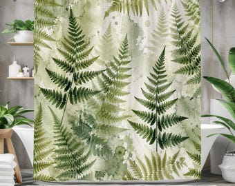 May include: A shower curtain featuring a watercolor fern leaf design in shades of green and white. The botanical pattern includes detailed fronds and a mottled background, creating a natural, spa-like aesthetic. The curtain is hung in a bathroom setting.