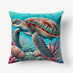 Colorful Sea Turtle Cotton Linen Throw Pillow Cover - Vibrant Underwater Art Pillowcase - Ocean Life Home Decor Cushion Cover