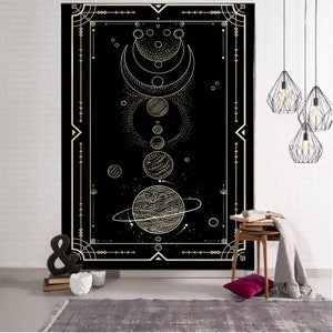 Black Sun Moon Planets Tapestry Tarot Art Wall Hanging Occult Wall Tapestries