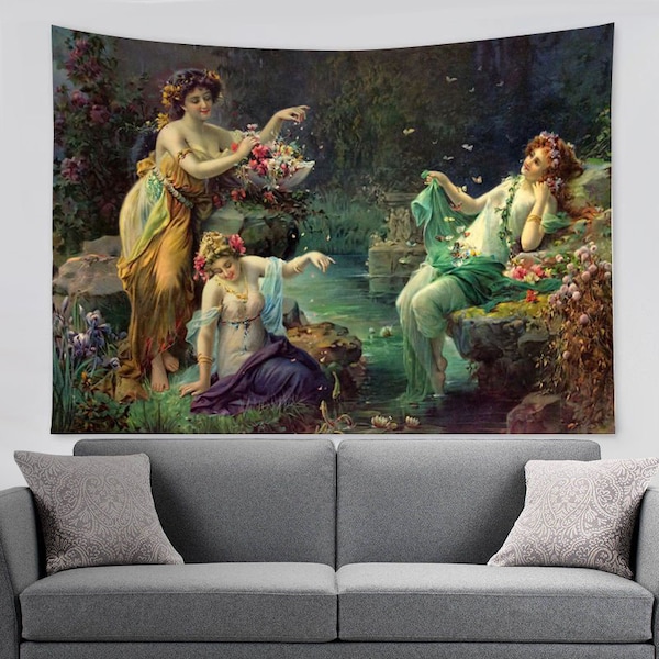 Rococo Art Tapestry Hans Zatzka Fairy Play Wall Decor Wall Art Hanging Tapestries for Living Room, Bedroom, Dorm