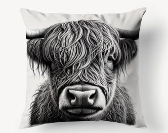 Highland Cow Art Pillow, Rustic Farmhouse Decor Cushion, Black and White Scottish Cow Print, Highland Cattle Throw Pillow, Home Decor