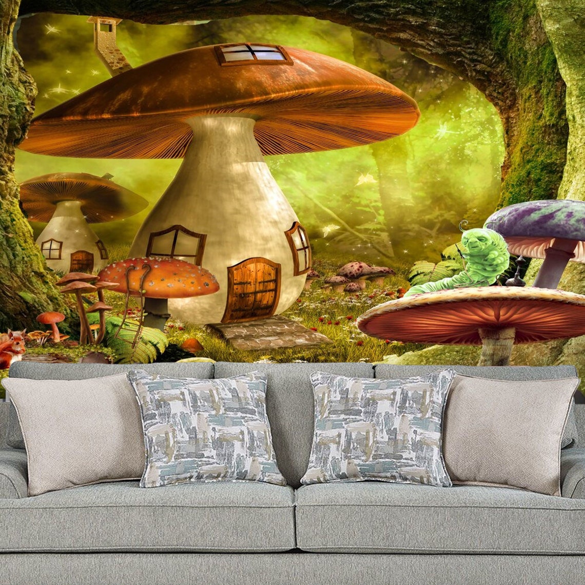 Mushroom Tapestry Wall Hanging Fantasy Forest Wall Decor Etsy