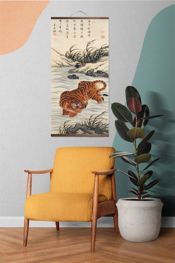 版画 onchanmant Tiger Scroll Painting, Tiger Crossing a Stream Canvas Poster