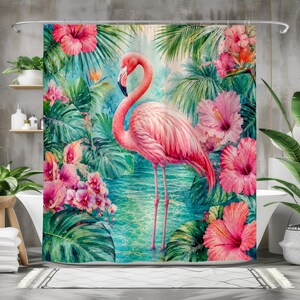 Pink Flamingo Shower Curtain, Tropical Bathroom Decor, Flamingo BathCurtain, Hibiscus, Tropical Floral Decor