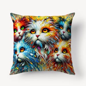 Vibrant Cat Throw Pillow Cover, Cotton Linen Pillowcase, Decorative Cushion, Colorful Kitten Art Pillow, Cozy Cat Lover Gift, Home Decor