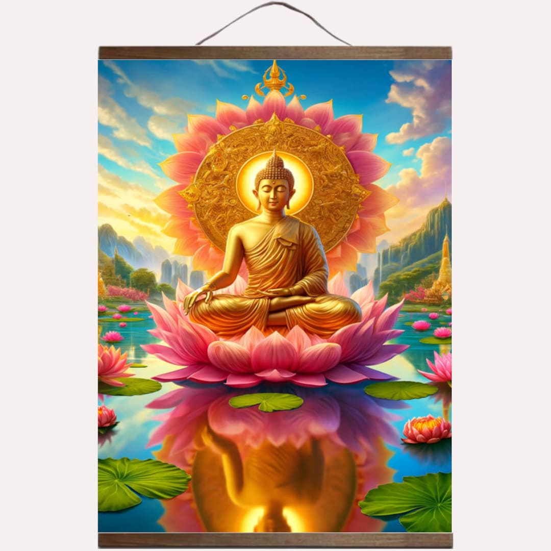 Golden Buddha Wall Art, Ready to Hang, Buddha Lotus Flower Canvas Art ...