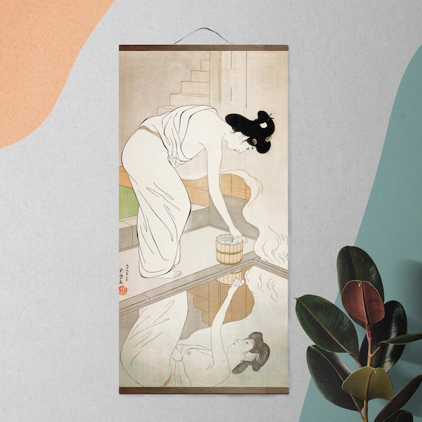 Parchemin mural japonais, affiche sur toile Femme à une source d'eau chaude - Peinture de Goyo Hashiguchi, Art traditionnel japonais avec cintres, décoration orientale