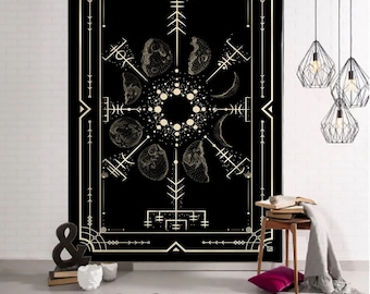 Black Moon Phases Tapestry Tarot Art Wall Hanging Occult Wall Tapestries