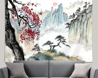 Japanese Tapestry Ink Painting Nature Landscape Hills Cherry Blossom Wall Decor Wall Art Aesthetic Hanging Tapestries Living Room Bedroom