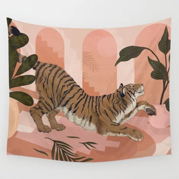 Tiger Tapestry Retro Pink Wall Hanging Tapestries Etsy