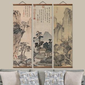 Wall Scroll Painting Traditional Asian Decor Hanging Canvas Art Chinese Painting, Set of 3 Kakemono Oriental Landscape Art Nature Mountains