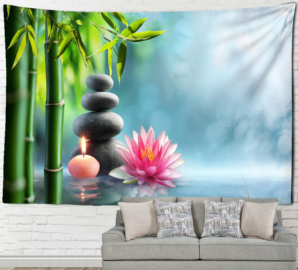 Zen Tapestry Wall Hanging Bamboo Lotus Flower Spa Stones Zen Etsy