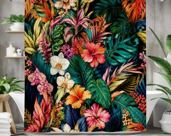 Tropical Floral Shower Curtain, Maximalist Botanical Bathroom Decor, Exotic Jungle Bath Curtain, Colorful Hibiscus Leaf Art