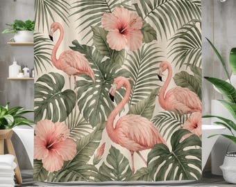 Pink Flamingo Shower Curtain, Tropical Botanical Bathroom Decor, Flamingo Bath Curtain, Hibiscus Flower Bathroom, Coastal Tropical