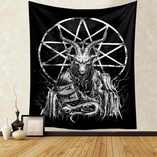 Arazzo Gotico Testa Di Capra Demoniaca – Tapestry Rosso E Nero, Hippie Anni 70/80, Decorazione Parete