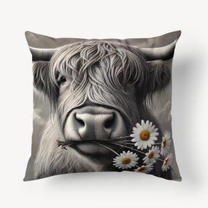 Highland Cow with Daisies Pillow, Rustic Farmhouse Decor Cushion, Black and White Scottish Cow Art, Cute Cow, Cozy Country Style Gift