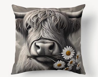 Highland Cow with Daisies Pillow, Rustic Farmhouse Decor Cushion, Black and White Scottish Cow Art, Cute Cow, Cozy Country Style Gift