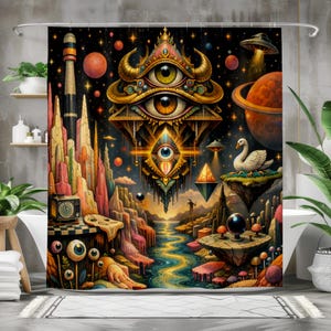 May include: A psychedelic shower curtain featuring a surreal landscape with floating islands, planets, and a large eye symbol. The artwork includes vibrant colors, a river, and a swan, creating a cosmic and imaginative scene.