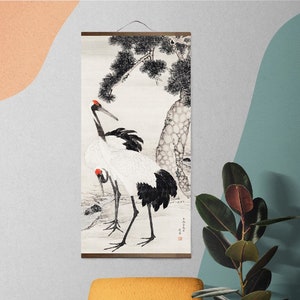 Japanse kunst muur scroll poster, kranen en een pijnboom, antieke traditionele inkt schilderij, Maruyama Okyo Art Print Japan Wall Art Wall Decor