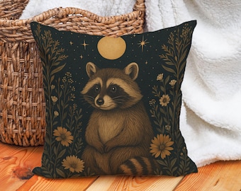 Raccoon Throw Pillow Cover Dark Folk Art Cushion, Celestial Animal Woodland Pillowcase, Cottagecore Decor Gift for Nature Lovers