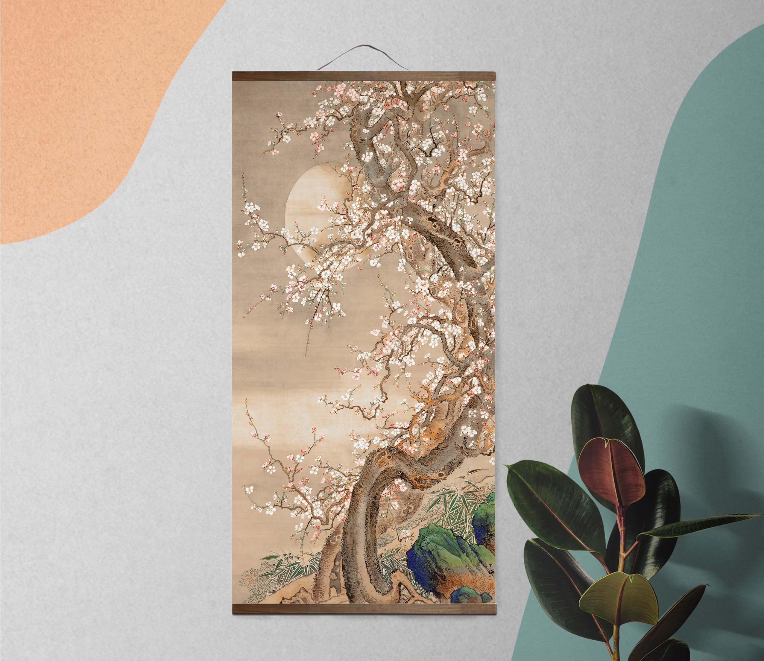 Kakejiku, Wall Hanging Scroll, Kakemono, Reproduction on Canvas Japanese Plum Blossoms in Moonlight Ink and Color on Silk Painting So Shizan