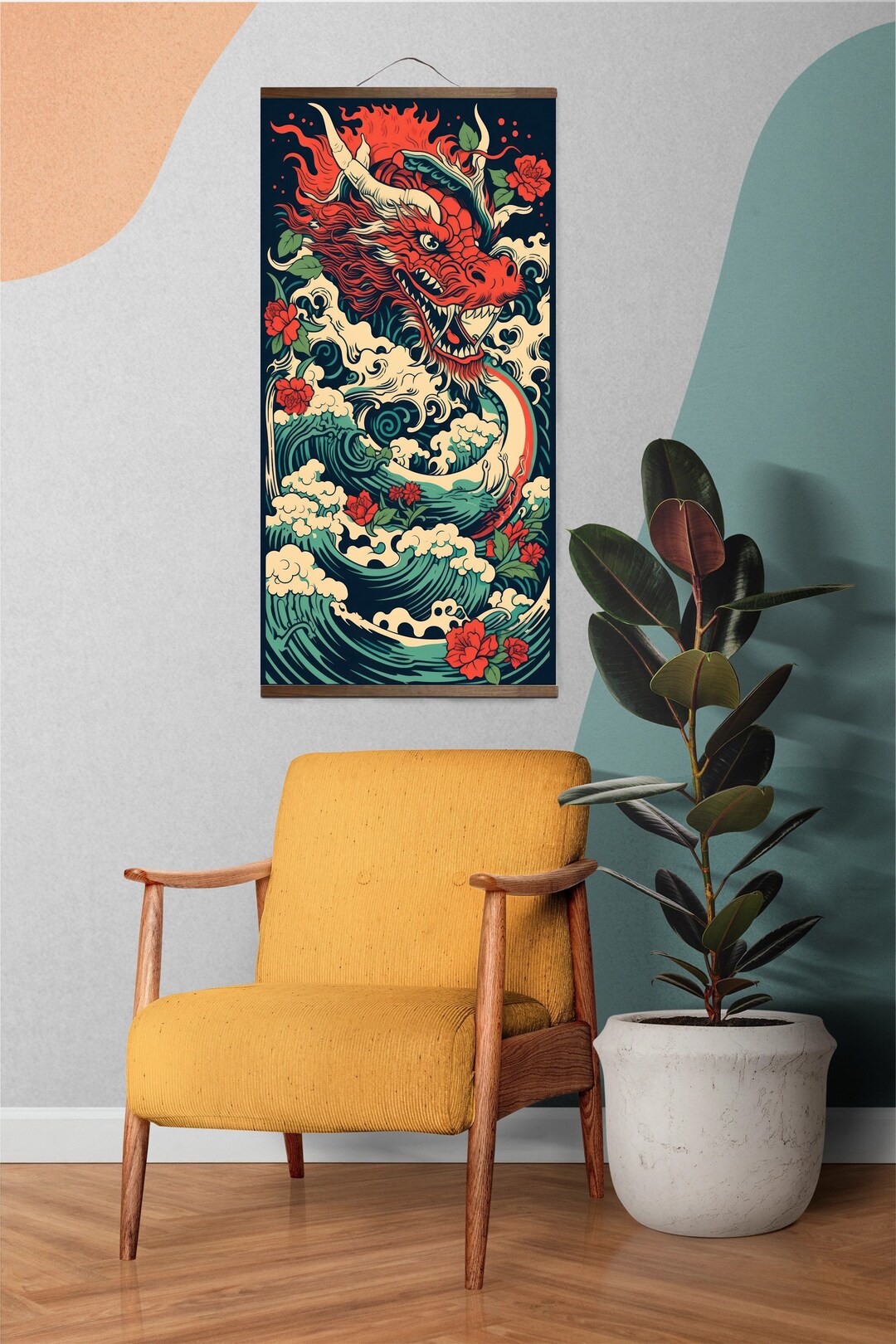 Traditional Red Dragon Wall Scroll, Asian Mythology Art, Vibrant Home ...