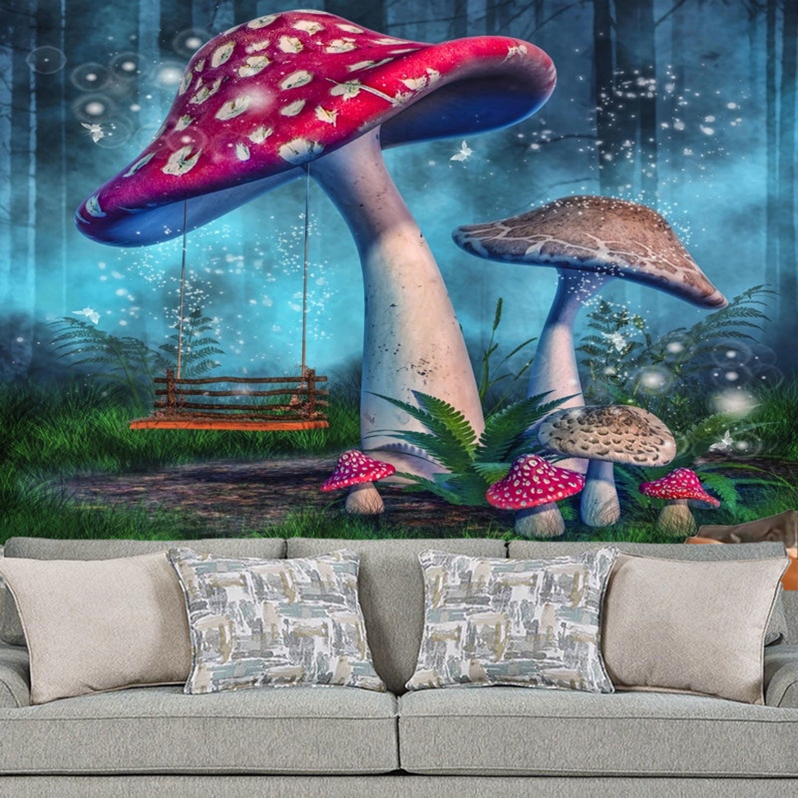 Fantasy Forest Mushroom Tapestry Wall Hanging Psychedelic Etsy