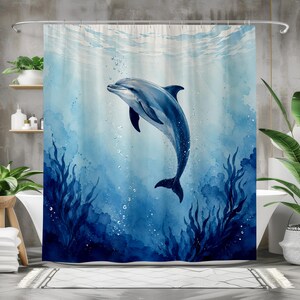 Watercolor Dolphin Shower Curtain, Coastal Bathroom Decor, Ocean BathCurtain, Nautical, Beach House Dolphin Bathroom