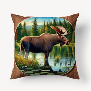 Rustic Moose Cotton Linen Throw Pillow Cover - Forest Wildlife Art Pillowcase - Nature Lover's Cushion Cover - Outdoor Cabin Decor