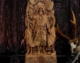 Odin Wooden Statue: Wood Norse God Viking Decor