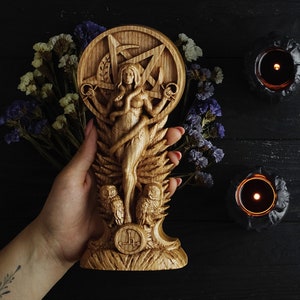 Wooden Lilith Statue: Sumerian Wiccan Goddess Altar Decor