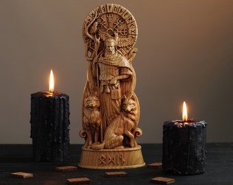 Statua di Odino, Allfather, Wotan, dei norvegesi, Allfather, dio pagano vichingo asatru e dea degli dei norvegesi altare mitologia scultura in legno