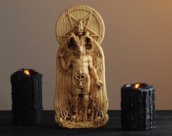 Baphomet, statue de Baphomet, magie, sorcellerie d'idole, autel de bois de sculpture d'alchimie