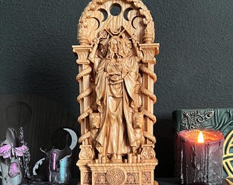 Hecate Wooden Statue: Greek Goddess Altar Decor