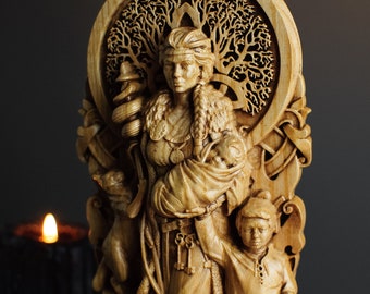 Frigg statue, Friga, Frigga, norse gods, wood carving altar heathen asatru viking god, viking mythology, norse god statue