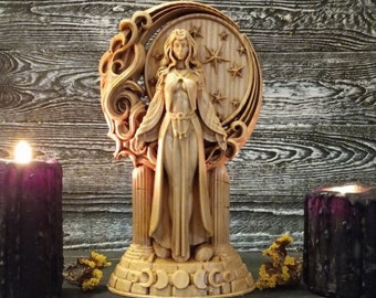 Selene Mondgöttin, Luna Nordische Göttin, Selene Holzfigur, heidnische Statue, Wicca-Statue, Wicca-Altar, Mondstatue